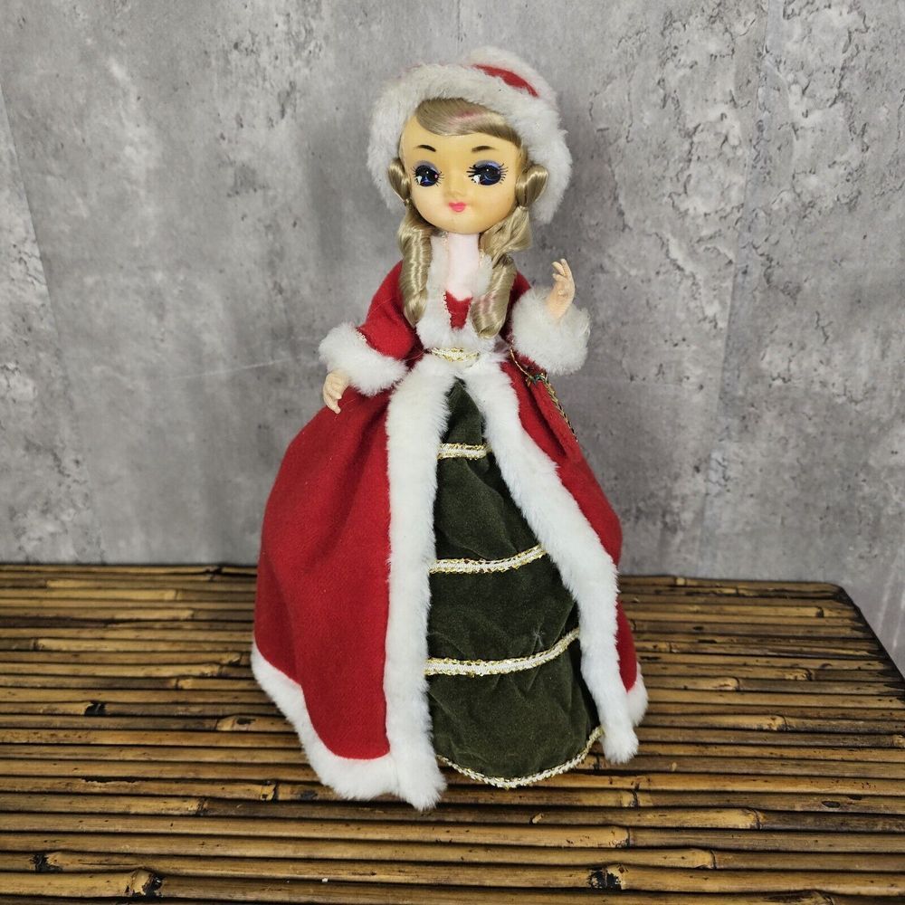 Vintage 70s Christmas Big Eye Stocking Doll Turning Music Box Silent Night AS IS
